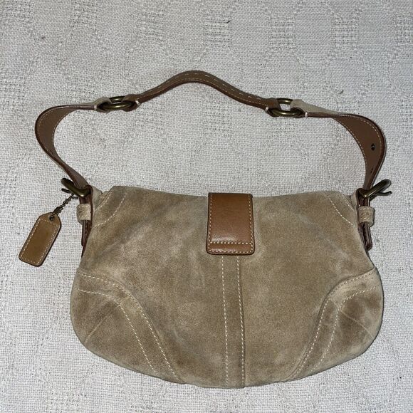 Vintage Y2K Coach Hobo Soho Buckle Flap Shoulder Bag Tan Brown Suede Leather - Picture 9 of 13